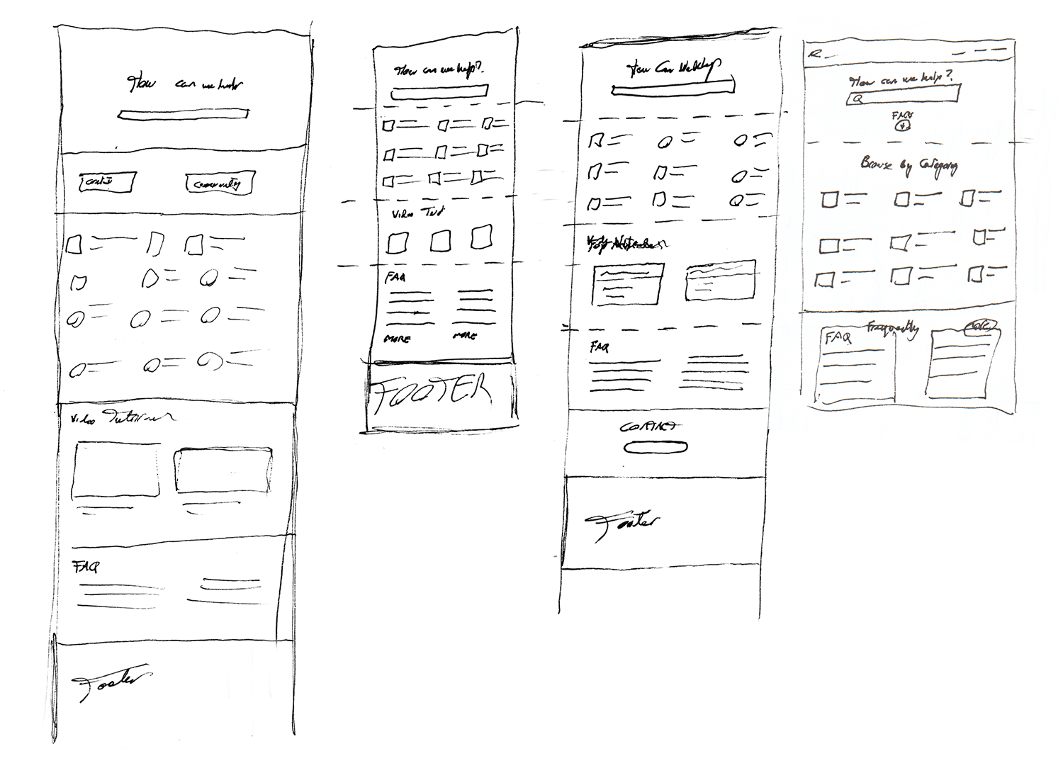 Wireframes showing the development of the interface on desktop